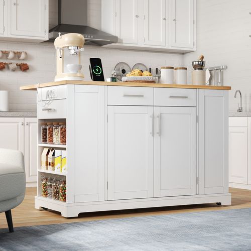 Desserte Blanche, Îlot De Cuisine Mobile 138x86 Cm Avec Plateau Bois Rabattable, Prises Et Roulettes