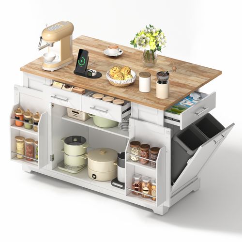Desserte Blanche, Îlot De Cuisine Mobile 138x86 Cm Avec Plateau Bois Rabattable, Prises Et Roulettes