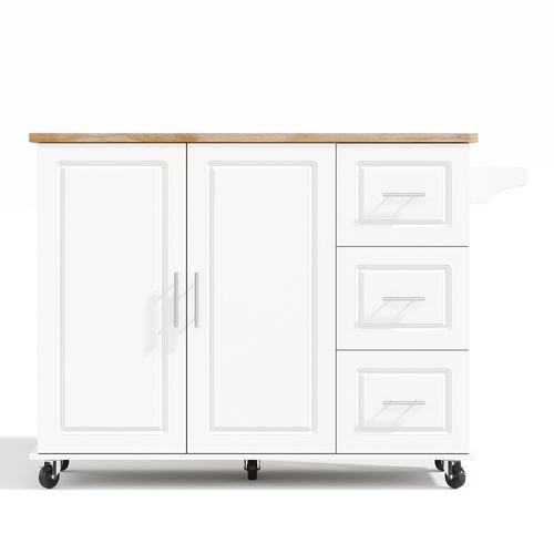 Desserte De Cuisine Mobile 137x43(76)x92 Cm Blanc Avec 3 Compartiments, 3 Tiroirs Et 2 Portes