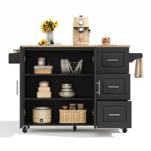 Desserte De Cuisine Pliante 137x43/76x92 Cm Noir Avec Rangements, 3 Tiroirs Et 2 Portes, à Roulettes