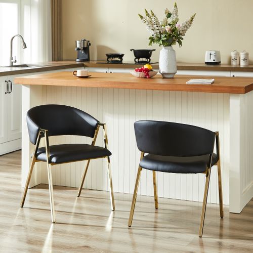 Lot De 2 Chaises De Salle à Manger Pu Noir Avec Cadre En Métal Doré