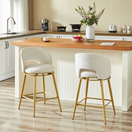 Lot De 2 Tabourets De Bar Pivotant 360° En Tissu Chenille Beige, Cadre En Métal Doré