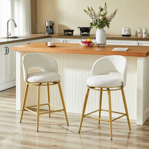 Lot De 2 Tabourets De Bar Pivotant 360° En Tissu Chenille Beige, Cadre En Métal Doré