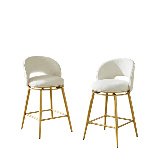 Lot De 2 Tabourets De Bar Pivotant 360° En Tissu Chenille Beige, Cadre En Métal Doré