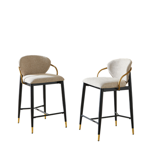 Lot De 2 Tabourets De Bar En Tissu Chenille Brun Clair, Métal Noir Et Or