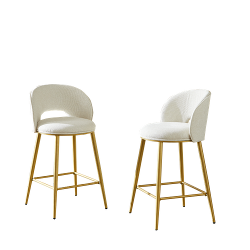 Lot De 2 Tabourets De Bar En Tissu Chenille Beige, Dossier Ajouré, Pied En Métal Doré