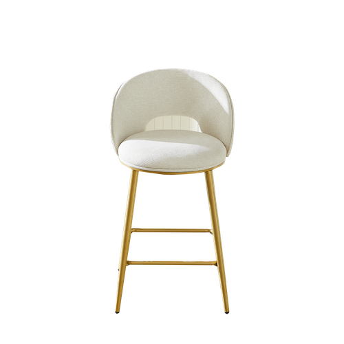 Lot De 2 Tabourets De Bar En Tissu Chenille Beige, Dossier Ajouré, Pied En Métal Doré