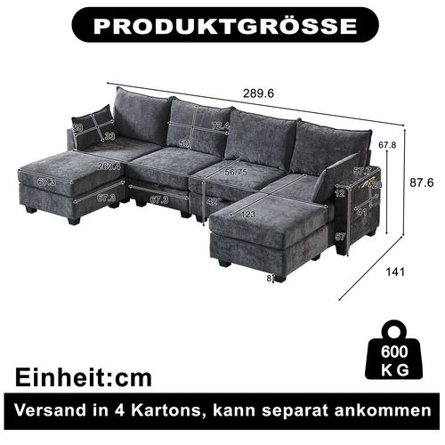 Canapé D’angle 6 Places Modulable Avec 6 Coffres De Rangements, Chenille Gris