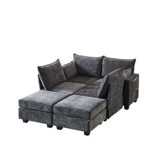 Canapé D’angle 6 Places Modulable Avec 6 Coffres De Rangements, Chenille Gris