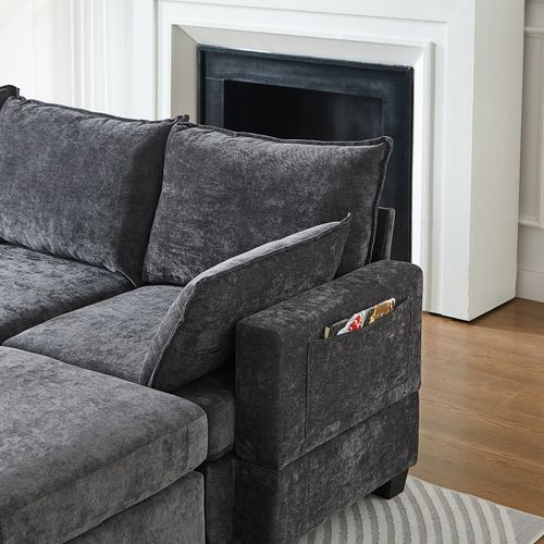 Canapé D’angle 6 Places Modulable Avec 6 Coffres De Rangements, Chenille Gris