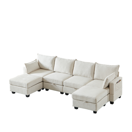 Canapé D’angle 6 Places Modulable Avec 6 Coffres De Rangements, Chenille Beige