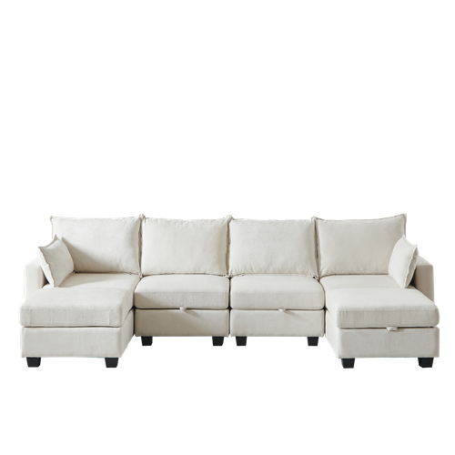 Canapé D’angle 6 Places Modulable Avec 6 Coffres De Rangements, Chenille Beige