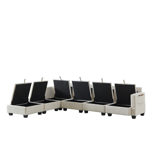Canapé D’angle 6 Places Modulable Avec 6 Coffres De Rangements, Chenille Beige