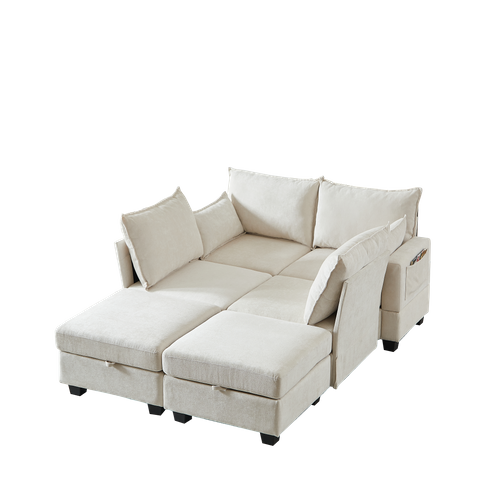 Canapé D’angle 6 Places Modulable Avec 6 Coffres De Rangements, Chenille Beige