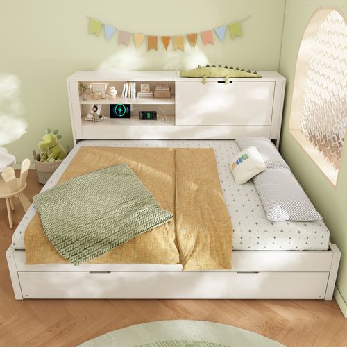 Lit 140x190 Cm Avec Lit Gigogne 90x190 Cm Bois Blanc, Ports USB, Rangements Et Sommier à Lattes