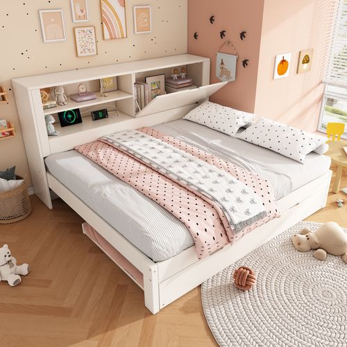 Lit 140x190 Cm Avec Lit Gigogne 90x190 Cm Bois Blanc, Ports USB, Rangements Et Sommier à Lattes