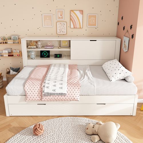 Lit Enfant 90x200 Cm Avec Lit Gigogne 90x190 Cm, Ports USB/type-c Et Rangements, Bois Blanc