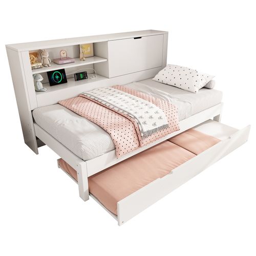 Lit Enfant 90x200 Cm Avec Lit Gigogne 90x190 Cm, Ports USB/type-c Et Rangements, Bois Blanc