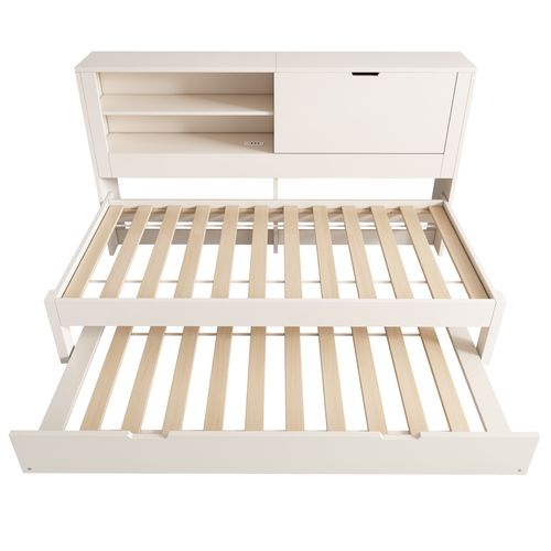 Lit Enfant 90x200 Cm Avec Lit Gigogne 90x190 Cm, Ports USB/type-c Et Rangements, Bois Blanc