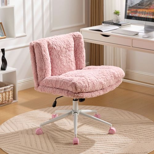 Chaise De Bureau Pivotante Hauteur Réglable En Tissu Rose Avec Double Coussin