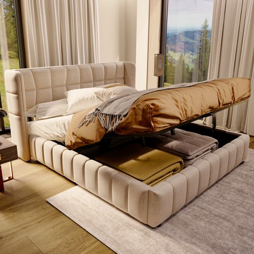 Lit Adulte 180x200 Cm Avec Coffre, Rangement Hydraulique, Sommier à Lattes, En Lin Beige