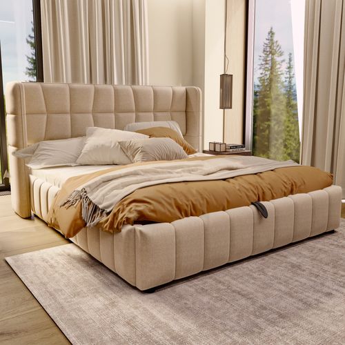 Lit Adulte 180x200 Cm Avec Coffre, Rangement Hydraulique, Sommier à Lattes, En Lin Beige