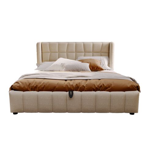Lit Adulte 180x200 Cm Avec Coffre, Rangement Hydraulique, Sommier à Lattes, En Lin Beige