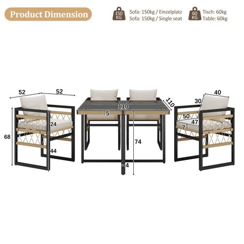 Salon De Jardin 4 Places En Métal Noir Et Coussins Beige, Table Verre De Sécurité