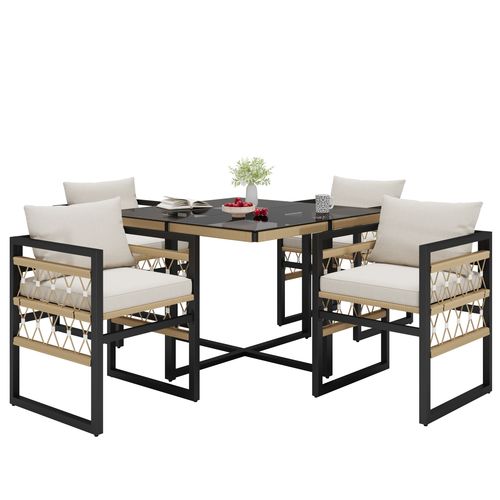 Salon De Jardin 4 Places En Métal Noir Et Coussins Beige, Table Verre De Sécurité
