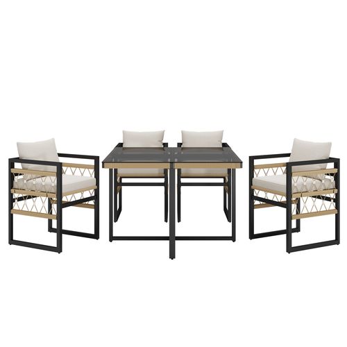 Salon De Jardin 4 Places En Métal Noir Et Coussins Beige, Table Verre De Sécurité