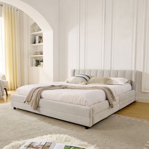 Lit Adulte 160x200 Cm Avec 4 Tiroirs, Ports USB/type-c, Tissu Chenille Beige