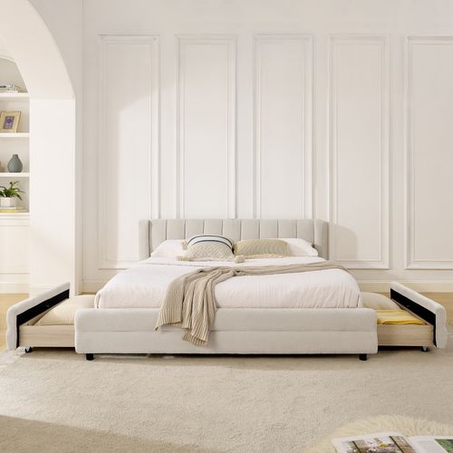 Lit Adulte 160x200 Cm Avec 4 Tiroirs, Ports USB/type-c, Tissu Chenille Beige