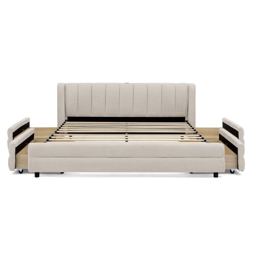 Lit Adulte 160x200 Cm Avec 4 Tiroirs, Ports USB/type-c, Tissu Chenille Beige
