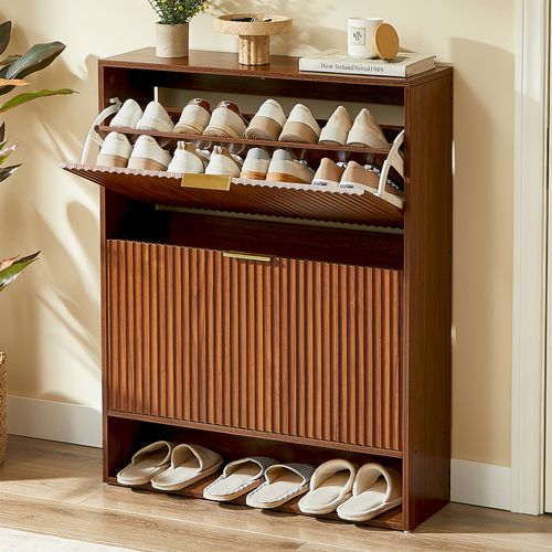 Meuble à Chaussures Étroit 24x80x102 Cm En Bois Coloris Noyer Avec 2 Abattants