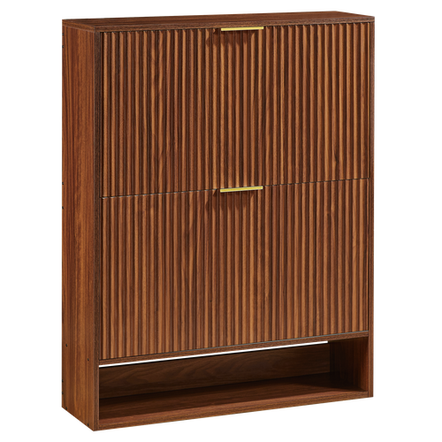 Meuble à Chaussures Étroit 24x80x102 Cm En Bois Coloris Noyer Avec 2 Abattants