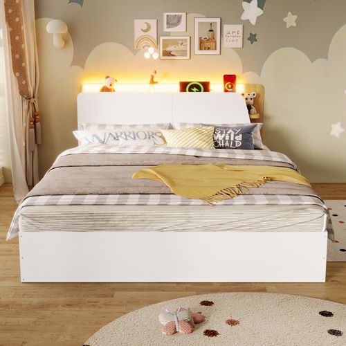 Lit Coffre 140x200 Cm 2 Places Avec Rangements, Ports USB/type-c Et LED, Pin Blanc Et Naturel