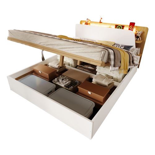 Lit Coffre 140x200 Cm 2 Places Avec Rangements, Ports USB/type-c Et LED, Pin Blanc Et Naturel