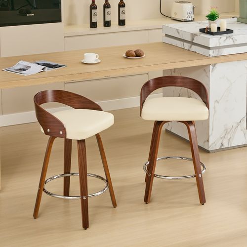 Lot De 2 Tabourets De Bar Pivotants 360° Beige En Bois Et Simili Cuir Pu