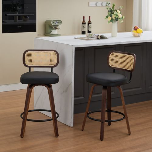 Lot De 2 Tabourets De Bar Pivotants, Dossier Cannage, Pu Noir