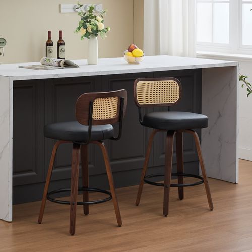 Lot De 2 Tabourets De Bar Pivotants, Dossier Cannage, Pu Noir