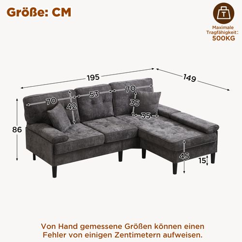 Canapé D’angle 3 Places En Tissu Chenille Gris 195x149x86 Cm Avec Pouf