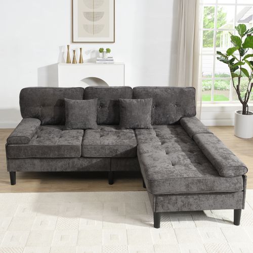 Canapé D’angle 3 Places En Tissu Chenille Gris 195x149x86 Cm Avec Pouf