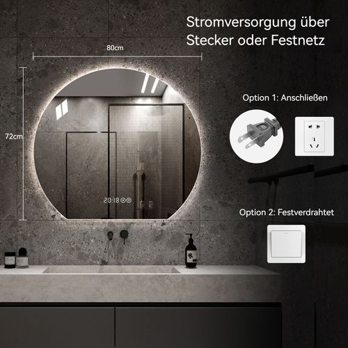 Miroir Salle De Bain Rond LED 80 Cm Argenté Verre Et Métal, Anti-buée