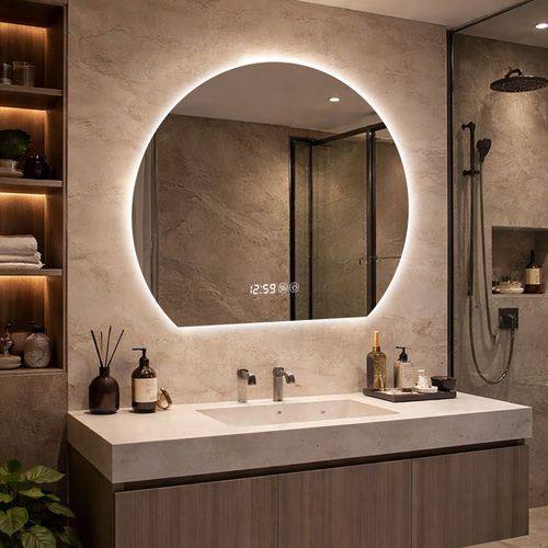 Miroir Salle De Bain Rond LED 80 Cm Argenté Verre Et Métal, Anti-buée
