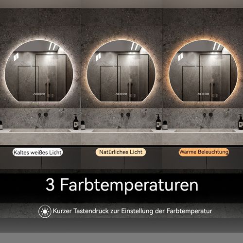 Miroir Salle De Bain Rond LED 80 Cm Argenté Verre Et Métal, Anti-buée