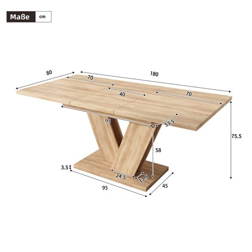 Table De Salle à Manger Extensible 140/180x80 Cm Coloris Chêne Avec Pieds V, 4 à 6 Personnes