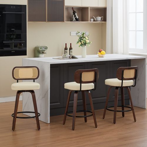 Lot De 3 Tabourets De Bar Pivotants, Pu Beige, Cadre Bois Noyer