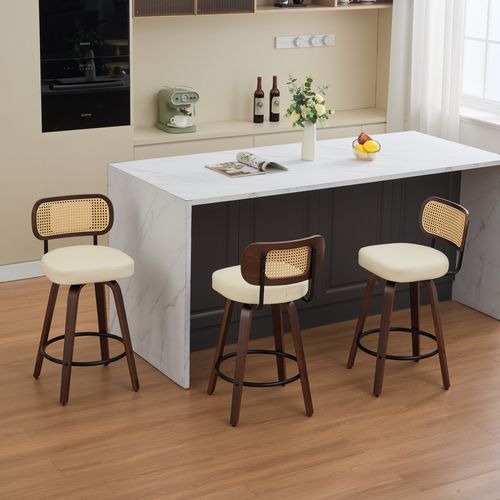 Lot De 3 Tabourets De Bar Pivotants, Pu Beige, Cadre Bois Noyer
