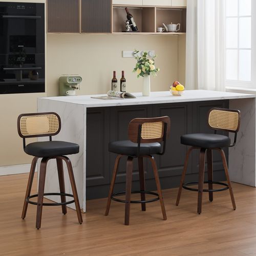 Lot De 3 Tabourets De Bar Pivotants, Dossier Cannage, Pu Noir