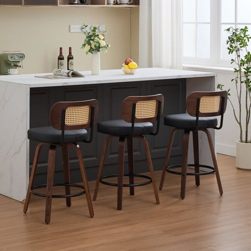 Lot De 3 Tabourets De Bar Pivotants, Dossier Cannage, Pu Noir